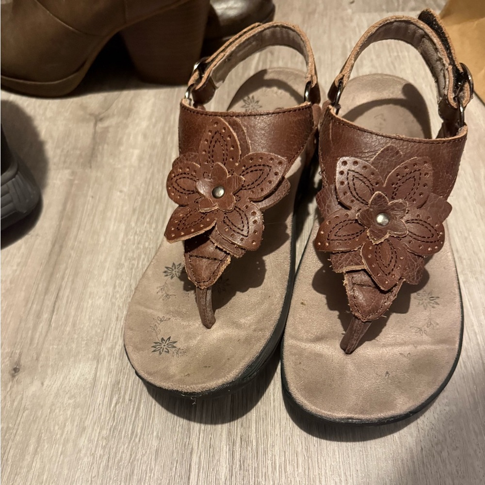Brown and black Floral Leather Sandals